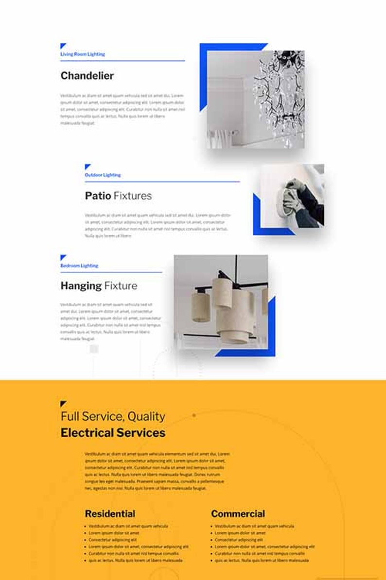 May include: A website for electrical services with images of different types of light fixtures, including a chandelier, patio fixtures, and hanging fixtures. The website offers both residential and commercial services.