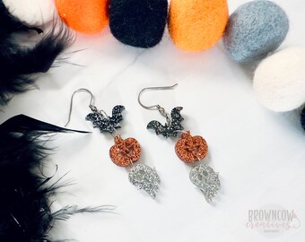 Halloween Drop Earrings,Sparkle Halloween Earrings,Dainty Glitter Halloween Earrings,Pumpkin Drop Earrings,Ghost Drop Earrings, Bat Earrings