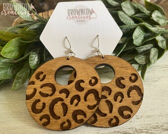 Leopard Round Drop Earrings, Leopard Earrings, Leopard Wood Earrings, Gifts for Mom, Gift for Her