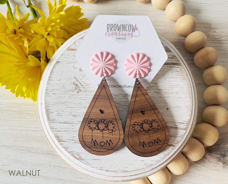 Mother's Day Gift, Mother's Day Earrings, Kids Drawing Earrings, Custom Engraved Kids Drawing, Engraved Earrings, Custom Kids Drawing Gift Walnut