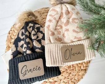 Custom Beanie, Personalized Leopard Print Winter Hat with Engraved Leather Patch