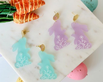 Acrylic Easter Earrings, Easter Bunny Earrings, Easter Basket Earrings, Engraved Bunny Earrings, Floral Earrings