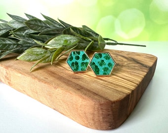 Shimmer Leopard Emerald Green Hexagon Leather Stud Earrings, St. Patrick's Day Stud Earrings