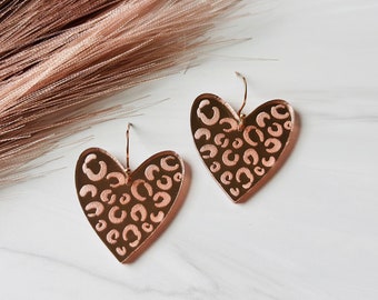 Rose Gold Leopard Engraved Heart Earrings, Valentine's Day Earrings