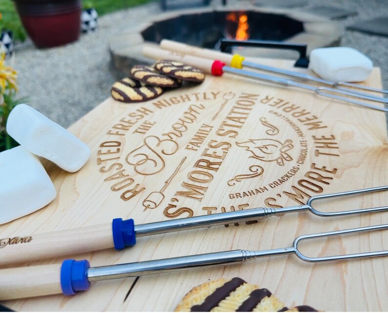 Personalized S'mores Board and Sticks, Housewarming Gifts for Families, Family Gifts, Camping Gifts, S'mores Charcuterie Board image 2
