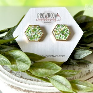 Glitter Spearmint Hexagon Leather Stud Earrings, St. Patrick's Day Stud Earrings image 1