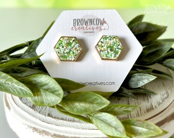 Glitter Spearmint Hexagon Leather Stud Earrings, St. Patrick's Day Stud Earrings