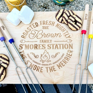 Personalized S'mores Board and Sticks, Housewarming Gifts for Families, Family Gifts, Camping Gifts, S'mores Charcuterie Board image 1