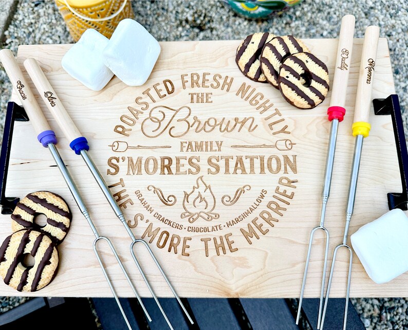 Personalized S'mores Board and Sticks, Housewarming Gifts for Families, Family Gifts, Camping Gifts, S'mores Charcuterie Board image 1