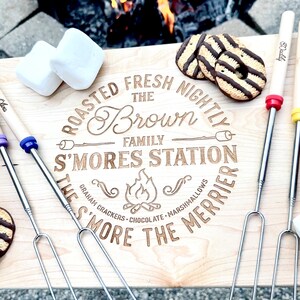 Personalized S'mores Board and Sticks, Housewarming Gifts for Families, Family Gifts, Camping Gifts, S'mores Charcuterie Board image 4