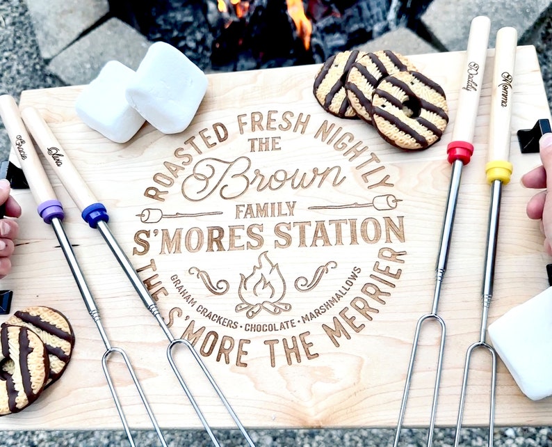 Personalized S'mores Board and Sticks, Housewarming Gifts for Families, Family Gifts, Camping Gifts, S'mores Charcuterie Board image 4