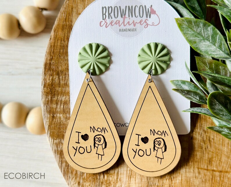 Mother's Day Gift, Mother's Day Earrings, Kids Drawing Earrings, Custom Engraved Kids Drawing, Engraved Earrings, Custom Kids Drawing Gift Ecobirch