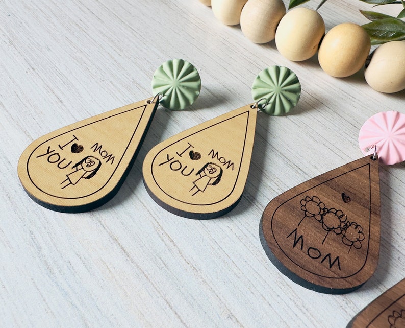 Mother's Day Gift, Mother's Day Earrings, Kids Drawing Earrings, Custom Engraved Kids Drawing, Engraved Earrings, Custom Kids Drawing Gift image 4
