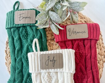 Personalized Knit Christmas Stocking, Leather Engraved Patch Christmas Stocking