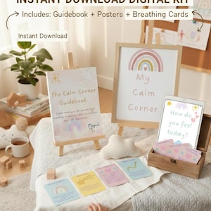 Op de afbeelding: Digitale kit voor een rustige hoek, met een gids, posters en ademhalingskaarten. De afbeelding toont een ingelijste poster met een regenboogontwerp en de woorden "My Calm Corner". Een tablet toont de tekst "How do you feel today?"