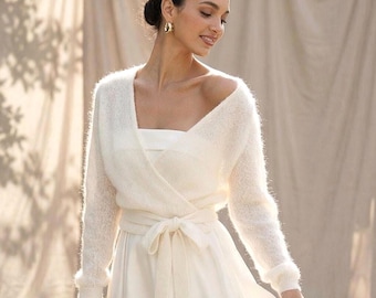 Wedding Wrap White Overlay Top Bridal Cardigan Long Sleeve Cover Up Mohair Sweater For Bride