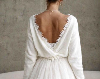Top de novia superpuesto con espalda descubierta, chaqueta de boda, bolero de punto blanco, suéter de novia para la novia