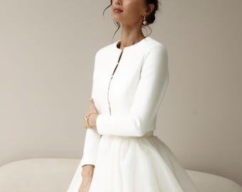 Wedding Topper for Bride Cover up Bolero  for Wedding Gown, White Jacket with buttons, Stole Shrug Coat for Bridal Party Event