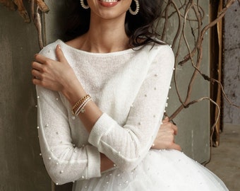 Brautvertuschung: Hochzeitsbolero mit Perlen und Boho Braut-Pullover für Ihren besonderen Tag - Brautperlen-Spitzenjacke für Herbsthochzeitskleid
