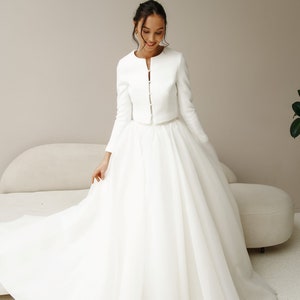 Wedding white bridal jacket. Premium warm dress topper for wedding dress Bridal cover up, Perfect wedding bolero for fall outdoor ceremony image 2