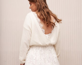 Maglione da sposa, maglione elegante per matrimonio, maglione a portafoglio incrociato, maglione da sposa in pizzo, maglione bianco, maglione a portafoglio balletto, felpa da sposa