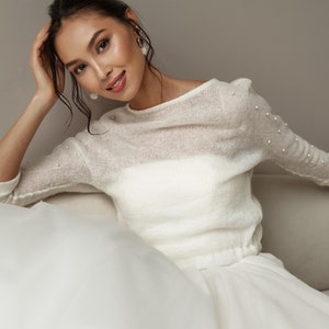 Wedding shrug sweater, bridal bolero cover up, gift for bride, bardot bridal top, boat neck cardigan, white cover up for gown, bridal sleeve