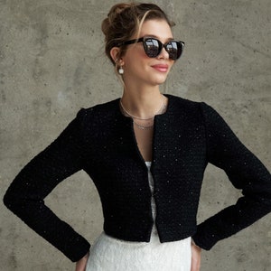 Tweed blazer, Wool topcoat, Cropped top wedding dress, Womens tweed jacket, Black bolero, Mother of bride tops, Formal cover up, Bridal Cape
