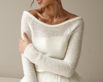 Bruiloft bedekken, bruidstopper, witte top met open schouders, bruidsstola, trouwjurk schouderophalend, lentehuwelijksbolero, warme sjaal bruid