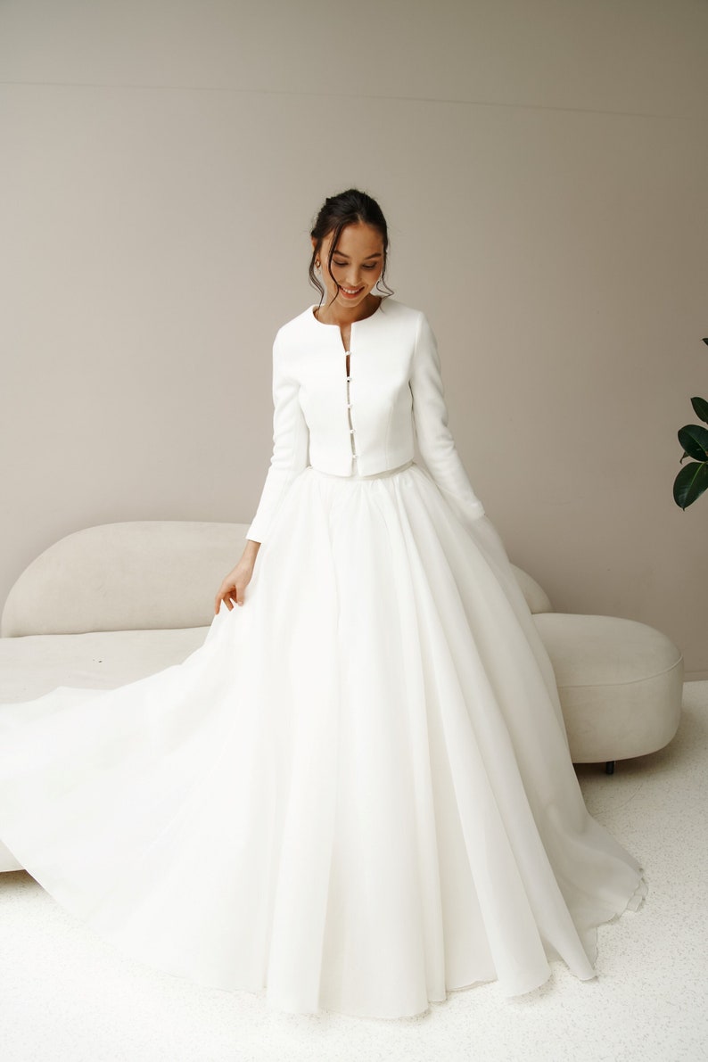 Wedding white bridal jacket. Premium warm dress topper for wedding dress Bridal cover up, Perfect wedding bolero for fall outdoor ceremony image 2