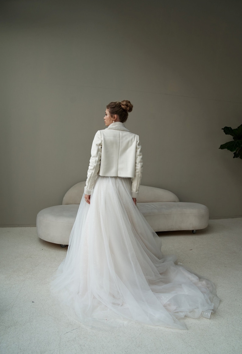 Wedding Jacket, Ivory Faux Fur Bridal Coat, Wedding Fur Stole, Fur Boho Bride Jacket, Outdoor wedding, Spring Wedding Idea, Modern Wedding image 7