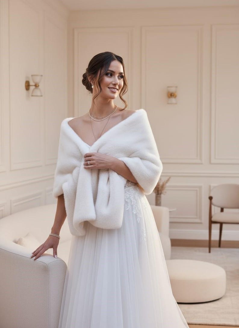 Bridal fur wedding shawl styled as a faux fur wrap, cape, or stole for dress. Elegant white bridal shrug and wedding dress cover up for a cozy winter ceremony look.
