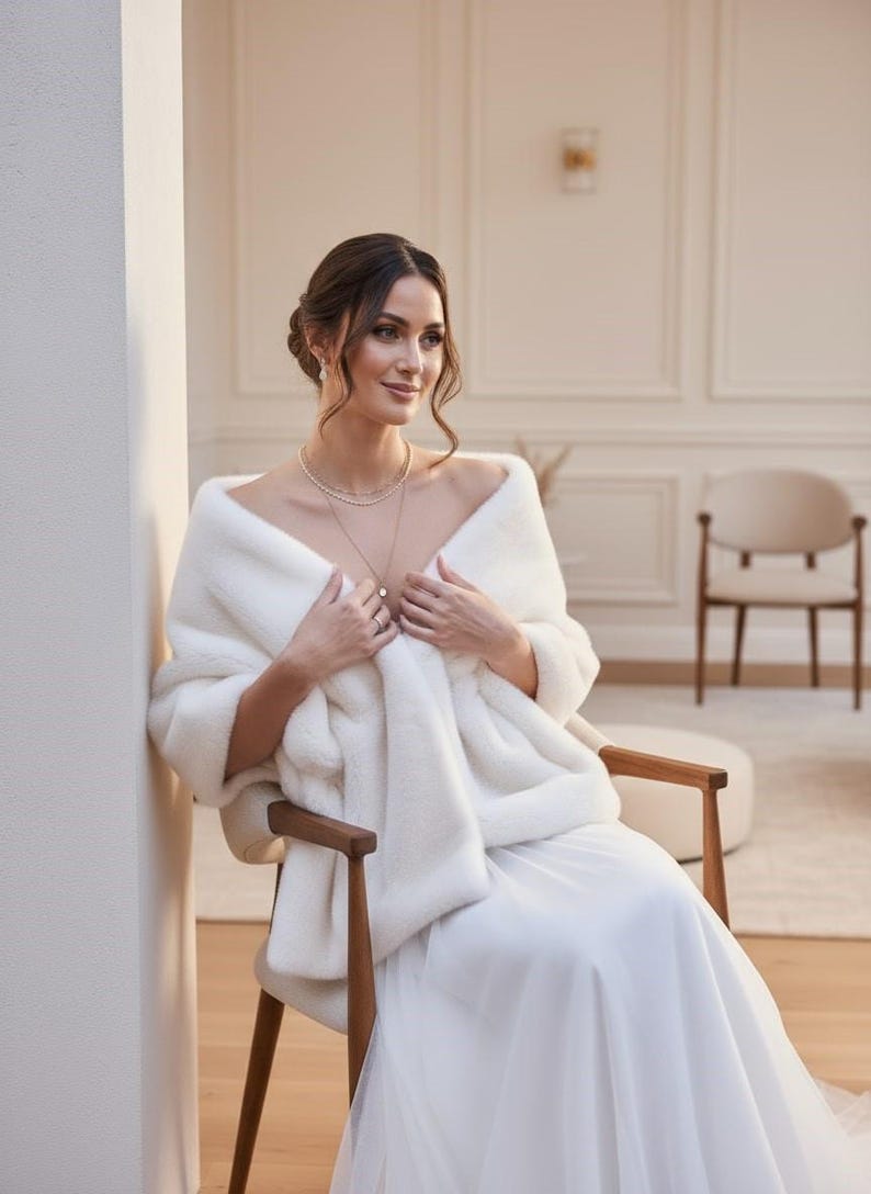 Bridal fur wedding shawl styled as a faux fur wrap, cape, or stole for dress. Elegant white bridal shrug and wedding dress cover up for a cozy winter ceremony look.