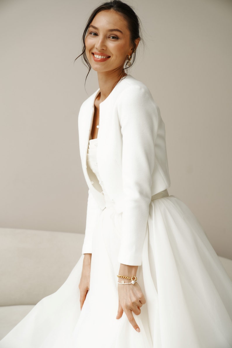 Wedding white bridal jacket. Premium warm dress topper for wedding dress Bridal cover up, Perfect wedding bolero for fall outdoor ceremony image 6