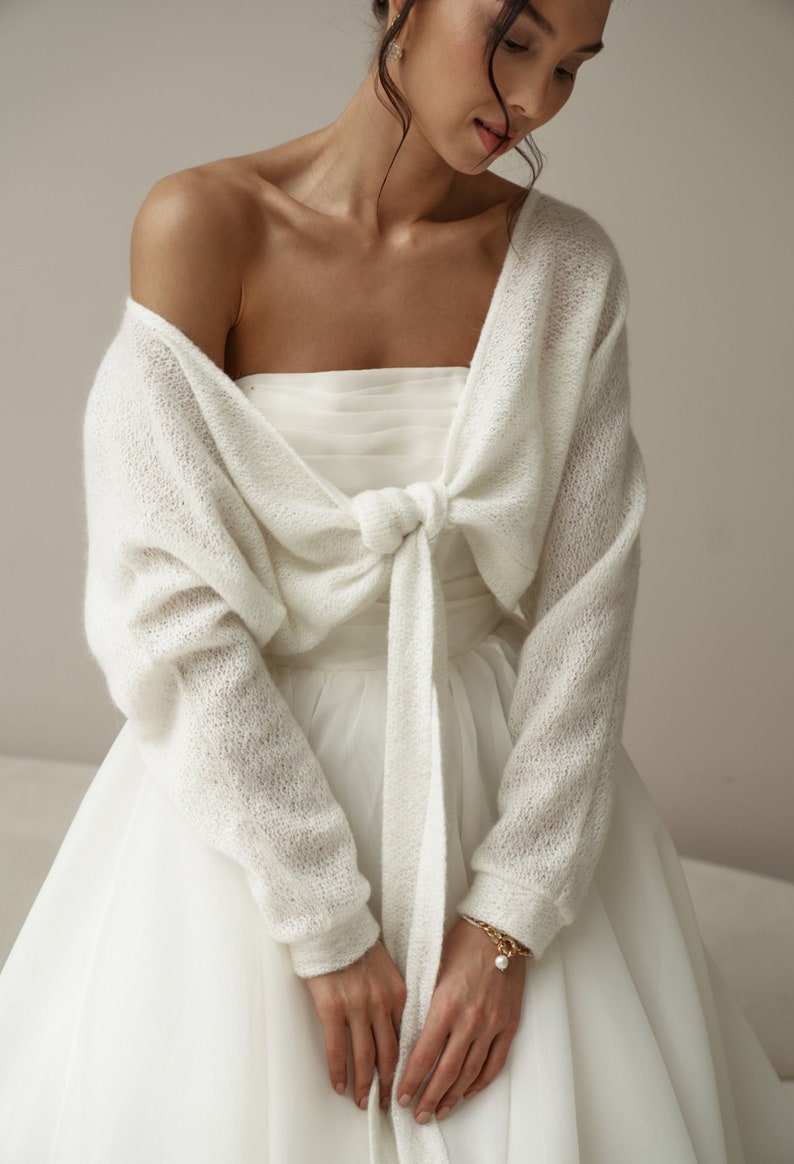 Bridal cardigan, knit jacket for wedding, bridal coat, modern bridal top, knit ivory shrung, Bridal wrap, wool ivory sweater, white pullover image 3