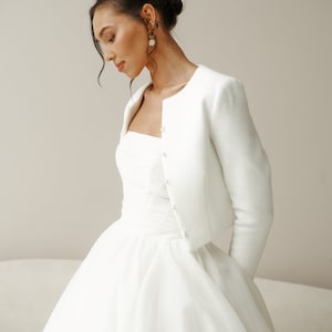 Wedding white bridal jacket. Premium warm dress topper for wedding dress Bridal cover up, Perfect wedding bolero for fall outdoor ceremony image 7