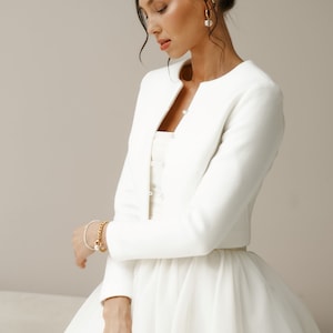 Wedding white bridal jacket. Premium warm dress topper for wedding dress Bridal cover up, Perfect wedding bolero for fall outdoor ceremony image 8