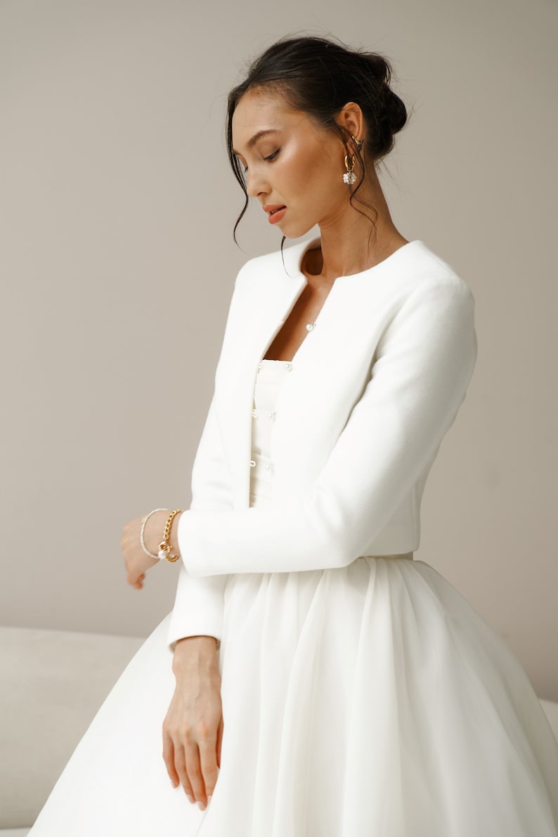 Wedding white bridal jacket. Premium warm dress topper for wedding dress Bridal cover up, Perfect wedding bolero for fall outdoor ceremony image 8