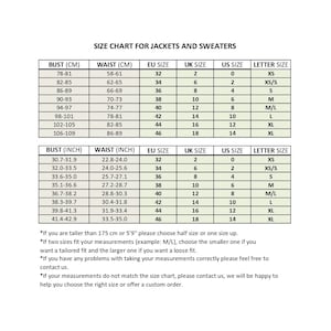 May include: Size chart for jackets and sweaters with measurements in inches and centimeters. The chart shows bust, waist, EU, UK, US, and letter sizes.