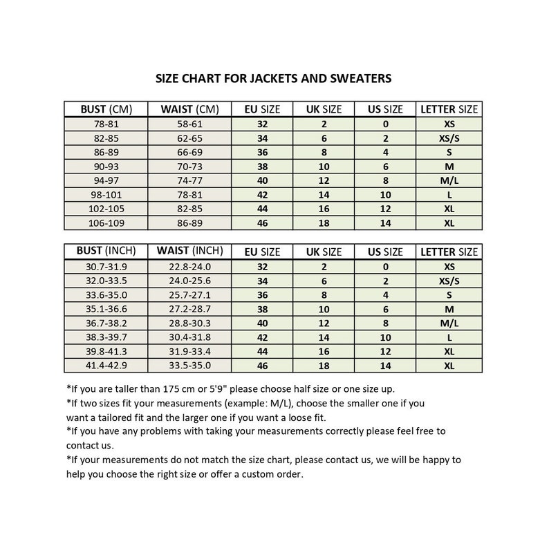 May include: Size chart for jackets and sweaters with measurements in inches and centimeters. The chart shows bust, waist, EU, UK, US, and letter sizes.