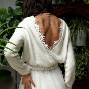 Bride & Bridesmaids Lace Bridal Sweater: Bridal Jacket for White and Ivory Dresses – Lace and Knit Warmth / Wedding Boho Crop Wrap Cardigan