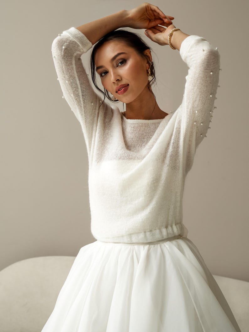 Wedding shrug sweater, bridal bolero cover up, gift for bride, bardot bridal top, boat neck cardigan, white cover up for gown, bridal sleeve