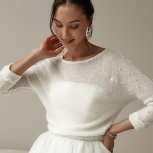 Bridal Jacket, Bridal Sweater, Boho Bride, Knit sweater with pearl, Cover for birde, Bridal Coat with pearl, wool knit wrap, Ivory pullover