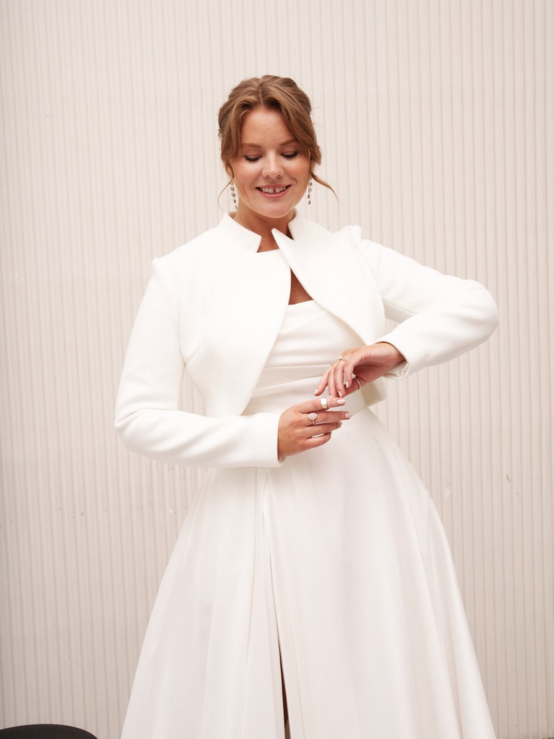 Jacket bride, bridal bolero jacket, wedding dress topper, white dress coat, wedding dress sleeves plus size, bolero for wedding gown. image 7