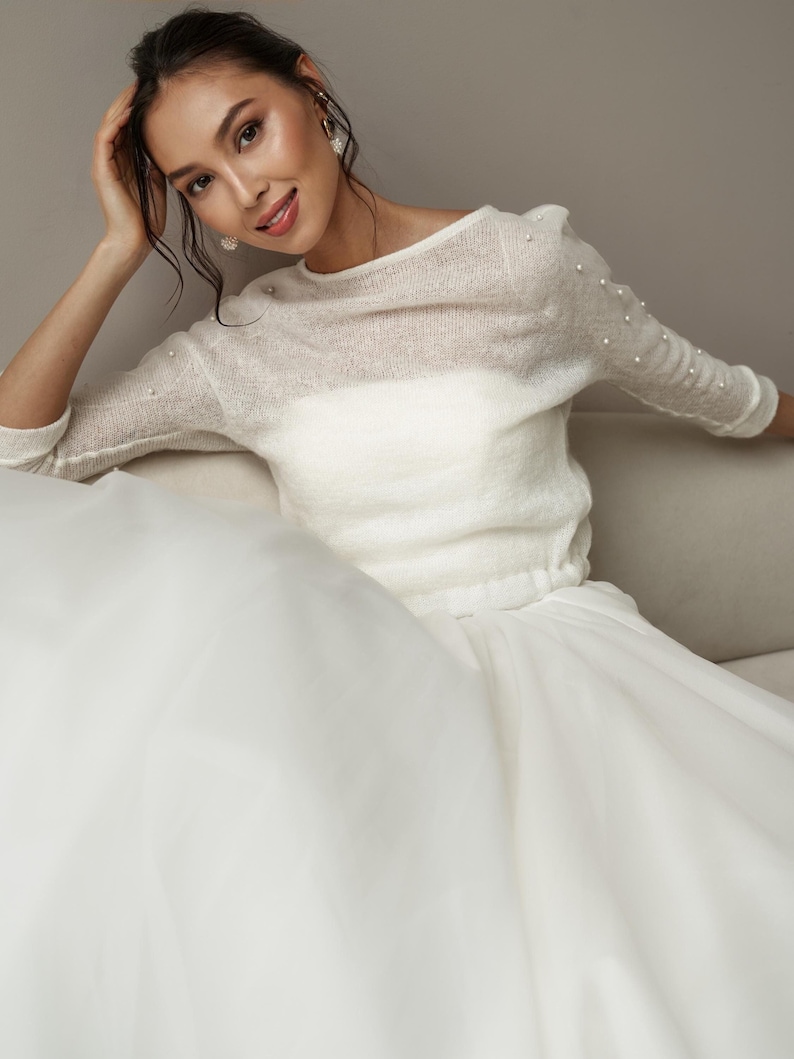 Wedding shrug sweater, bridal bolero cover up, gift for bride, bardot bridal top, boat neck cardigan, white cover up for gown, bridal sleeve