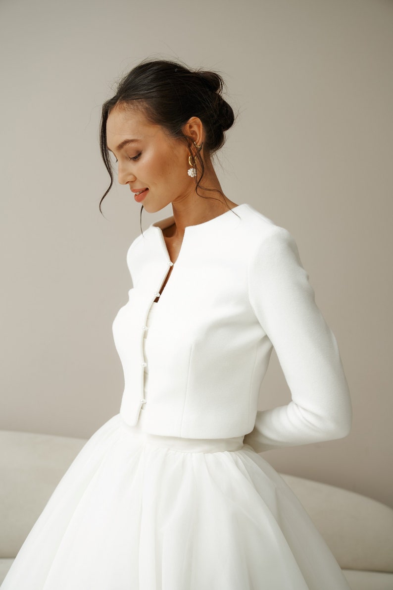 Wedding white bridal jacket. Premium warm dress topper for wedding dress Bridal cover up, Perfect wedding bolero for fall outdoor ceremony image 1