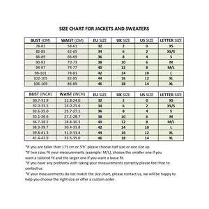May include: Size chart for jackets and sweaters with measurements in inches and centimeters. The chart includes bust, waist, EU, UK, US, and letter sizes.
