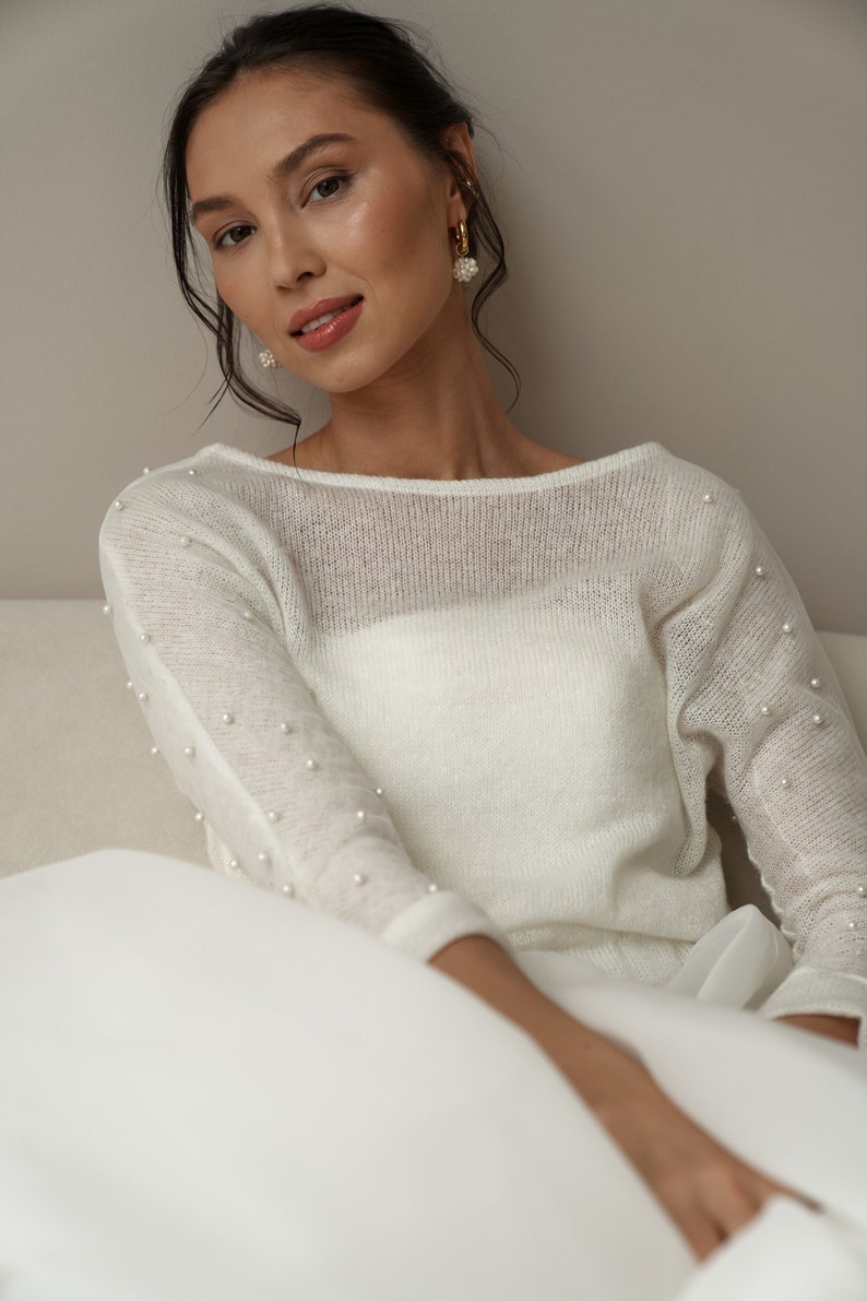 Bridal Jacket, Bridal Sweater, Boho Bride, Knit sweater with pearl, Cover for birde, Bridal Coat with pearl, wool knit wrap, Ivory pullover