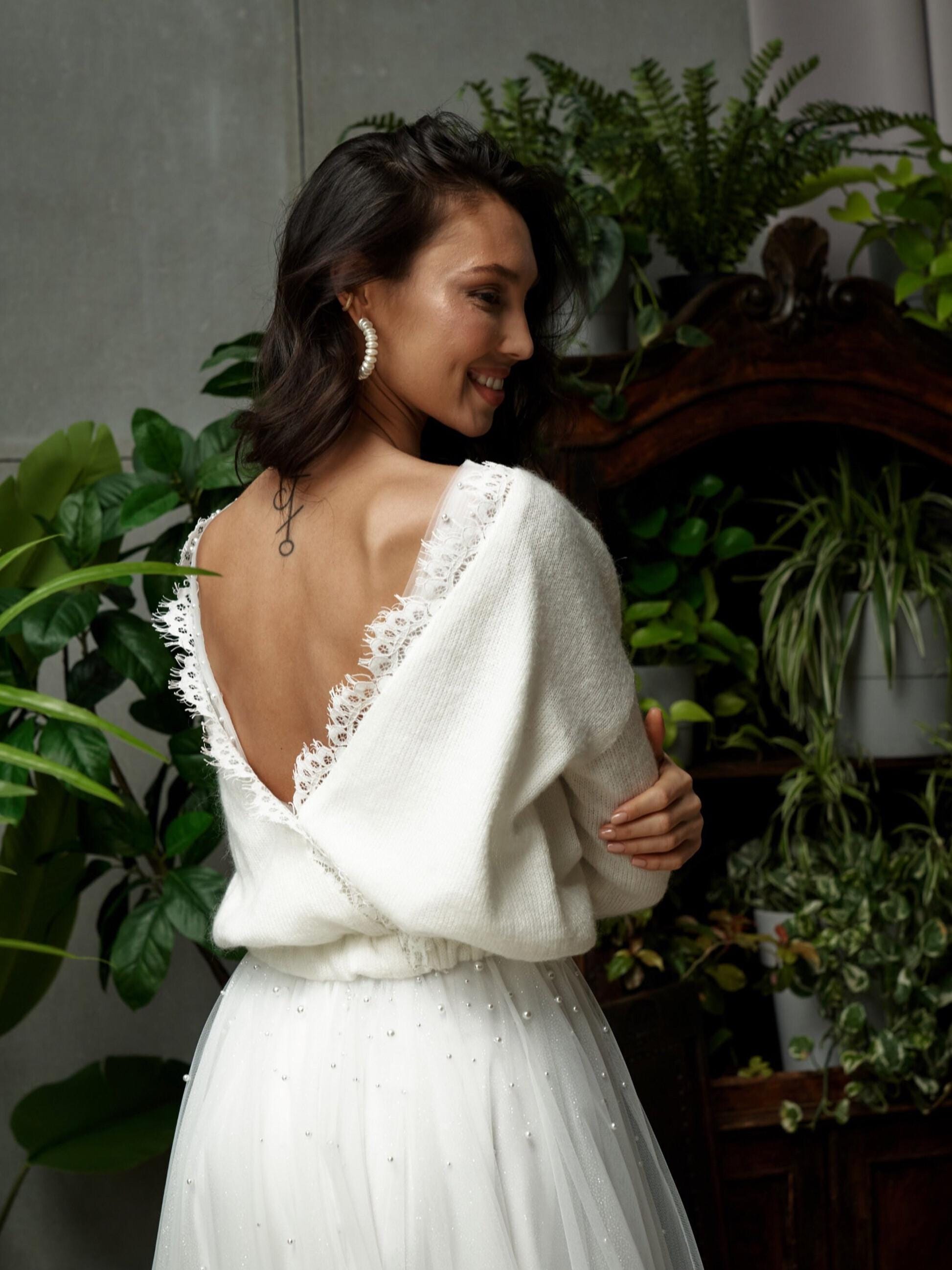 Bride & Bridesmaids Lace Bridal Sweater: Bridal Jacket for White and Ivory Dresses – Lace and Knit Warmth / Wedding Boho Crop Wrap Cardigan