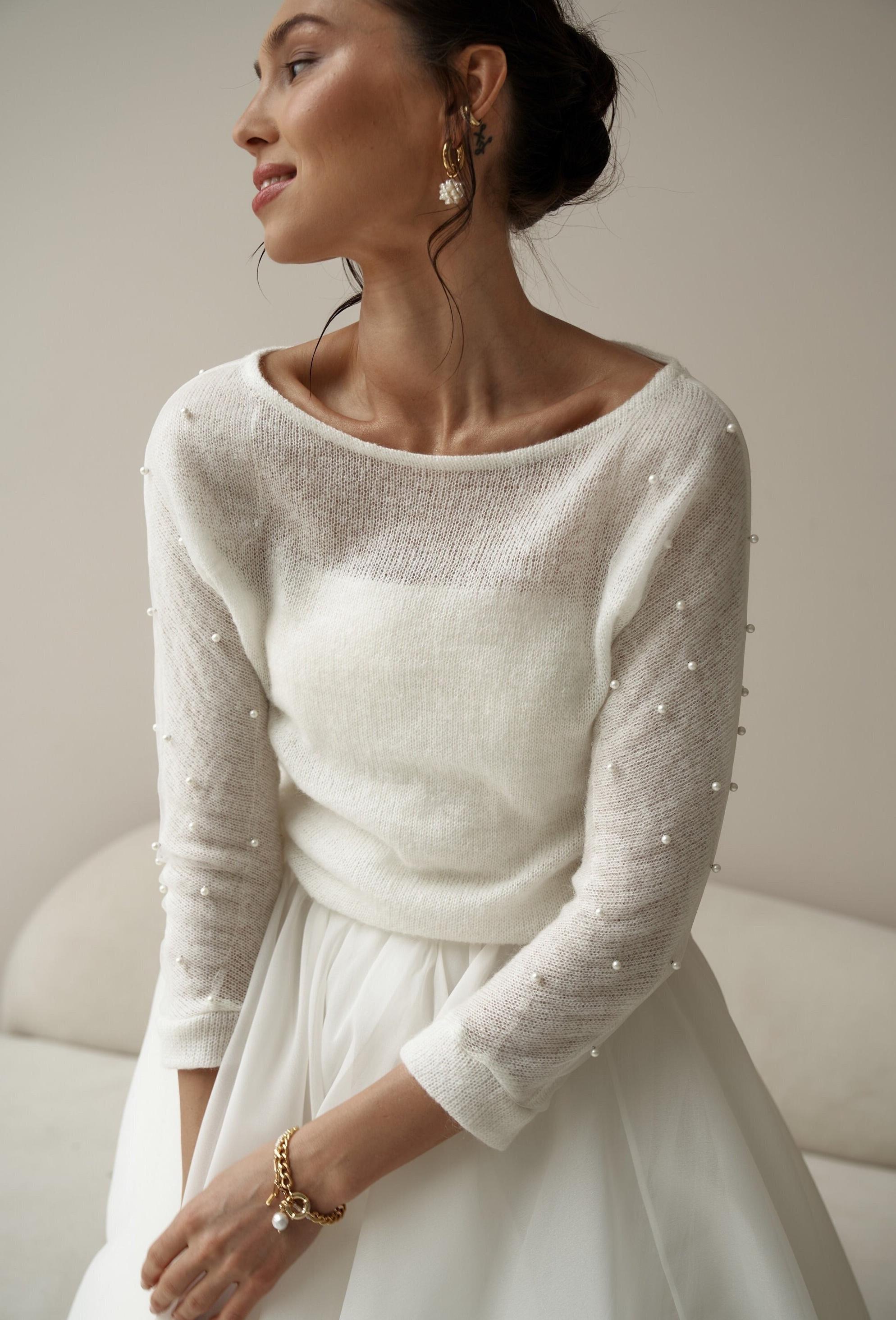 Bridal Jacket, Bridal Sweater, Boho Bride, Knit sweater with pearl, Cover for bride, Bridal Coat with pearl, wool knit wrap, Ivory pullover