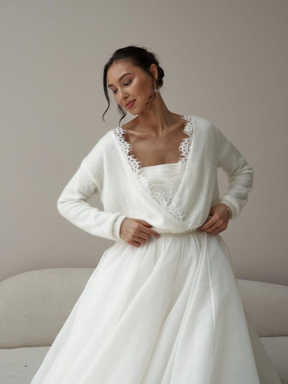 Bridal Sweater, Modern Bride Wedding Top, Ivory Sweater With Lace